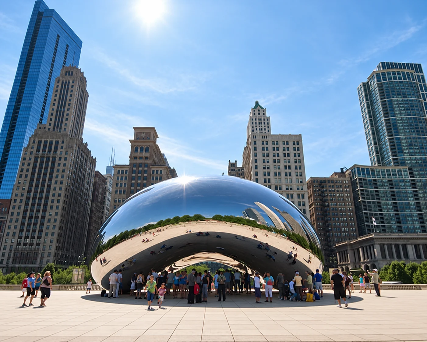 Cloud Gate sculpture reflecting the plaza and Chicago skyline