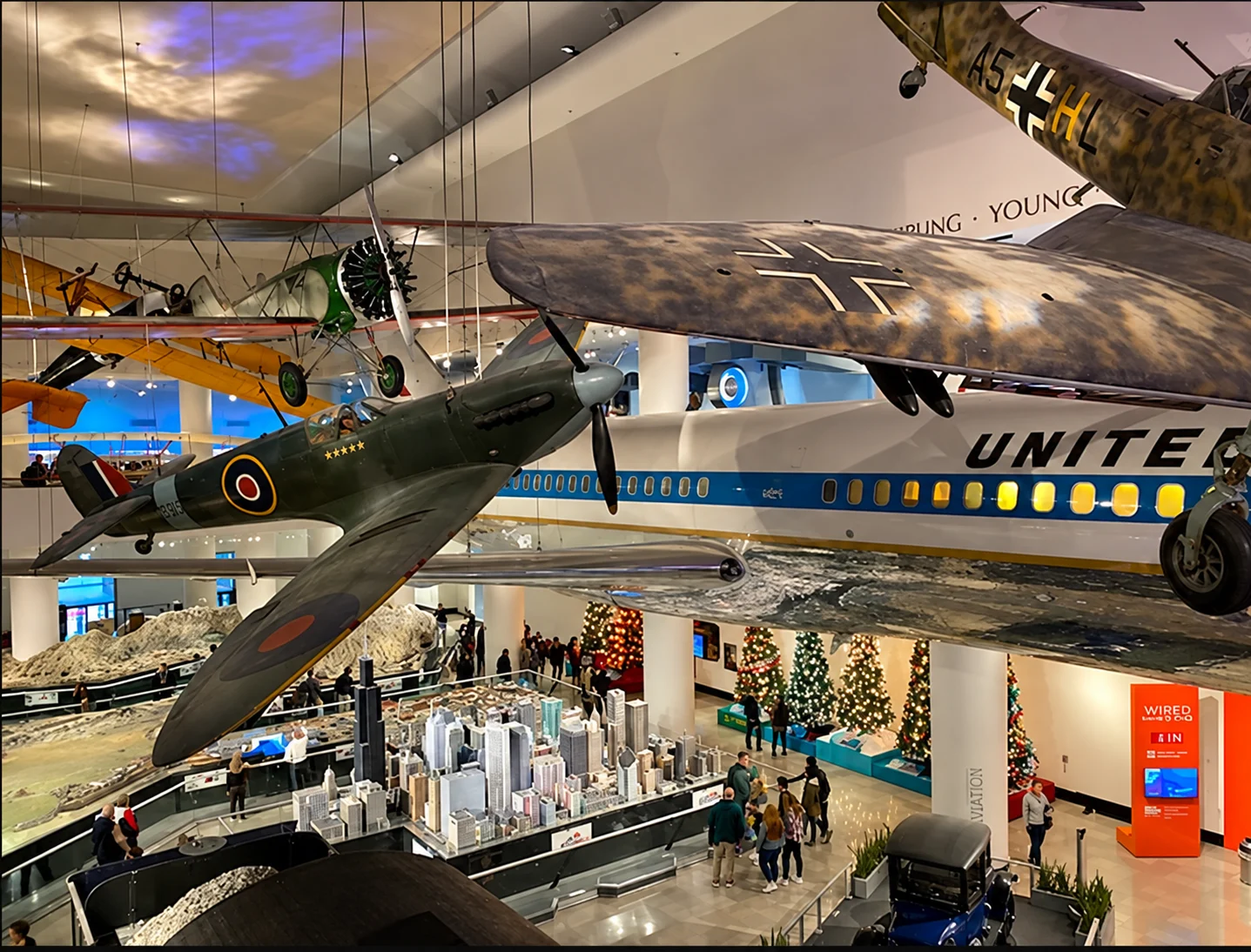 Aircraft suspended above a museum exhibition hall