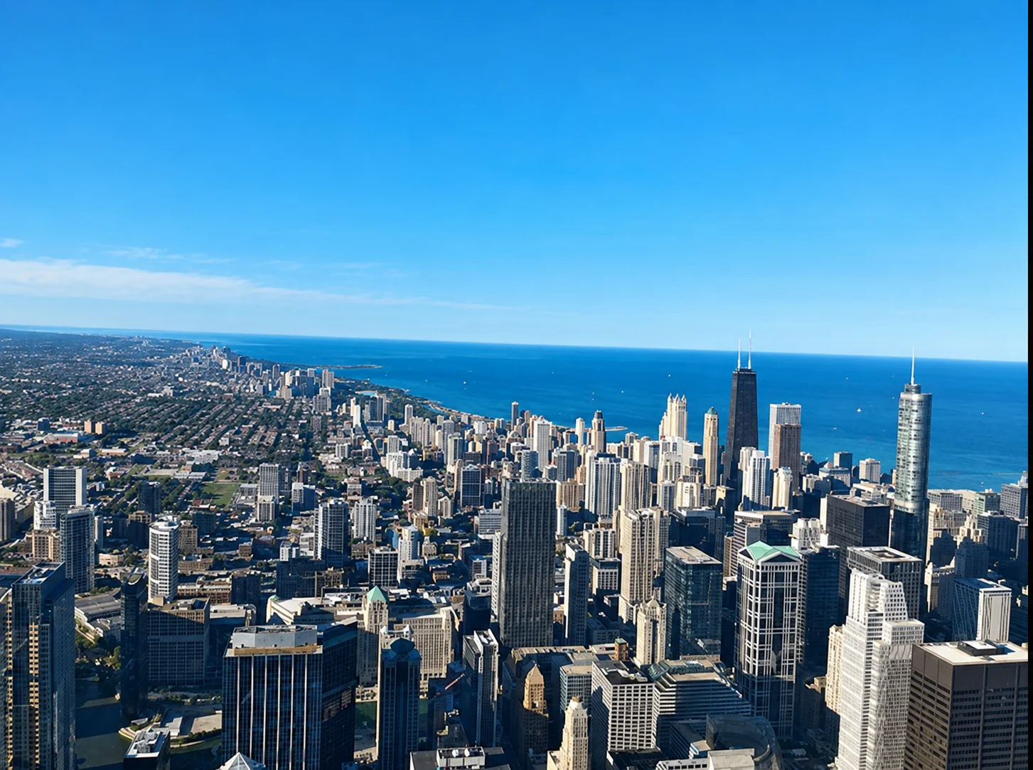 Chicago buildings and Lake Michigan viewed from an elevated observation point