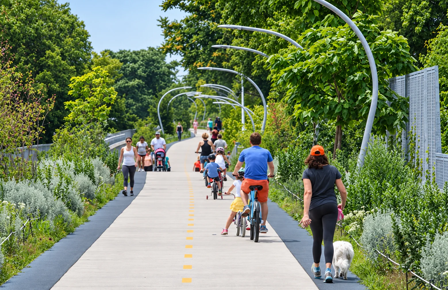 Pedestrians and cyclists on a landscaped trail with curved metal arches