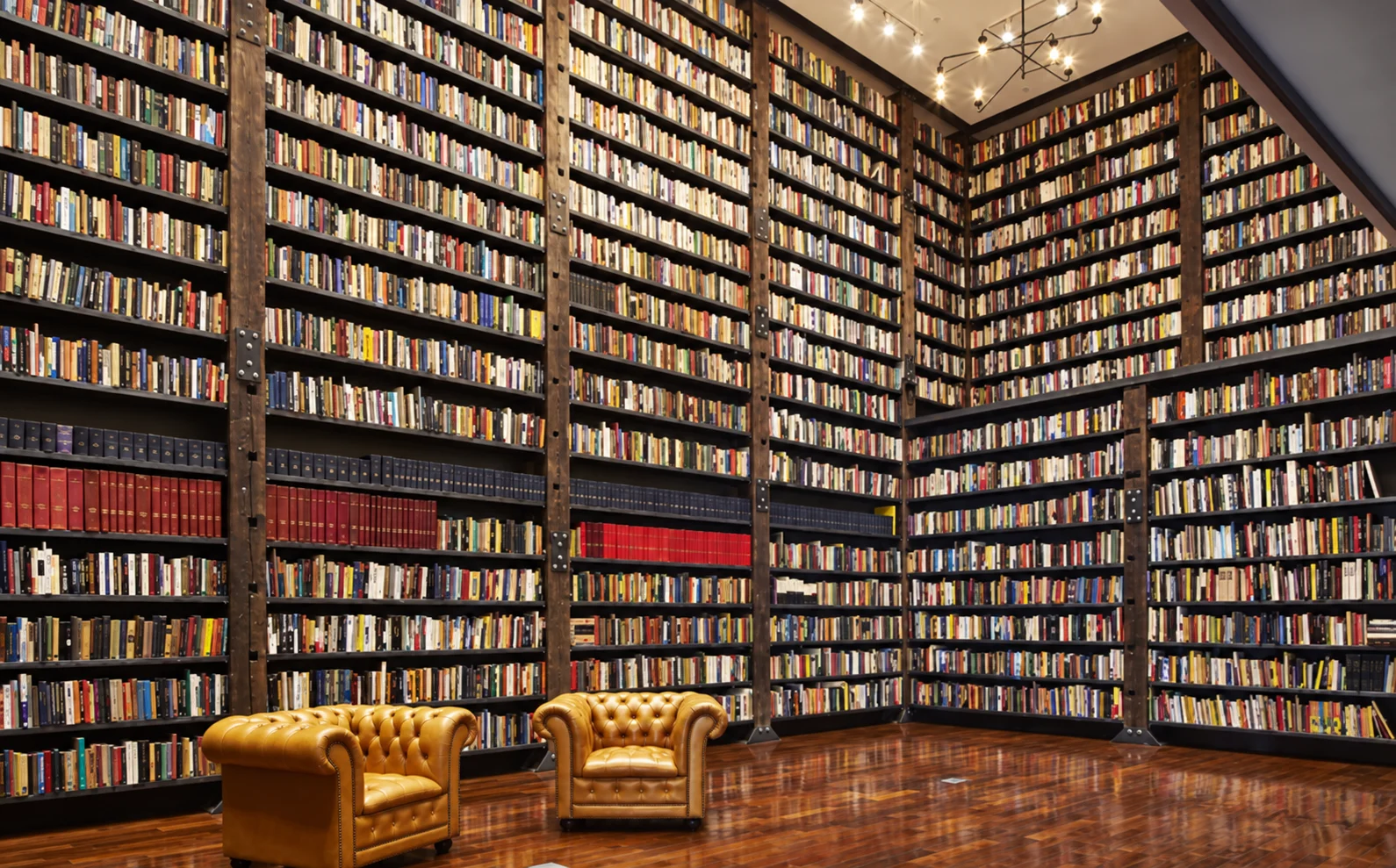 Tall book-filled shelves and armchairs in a library interior
