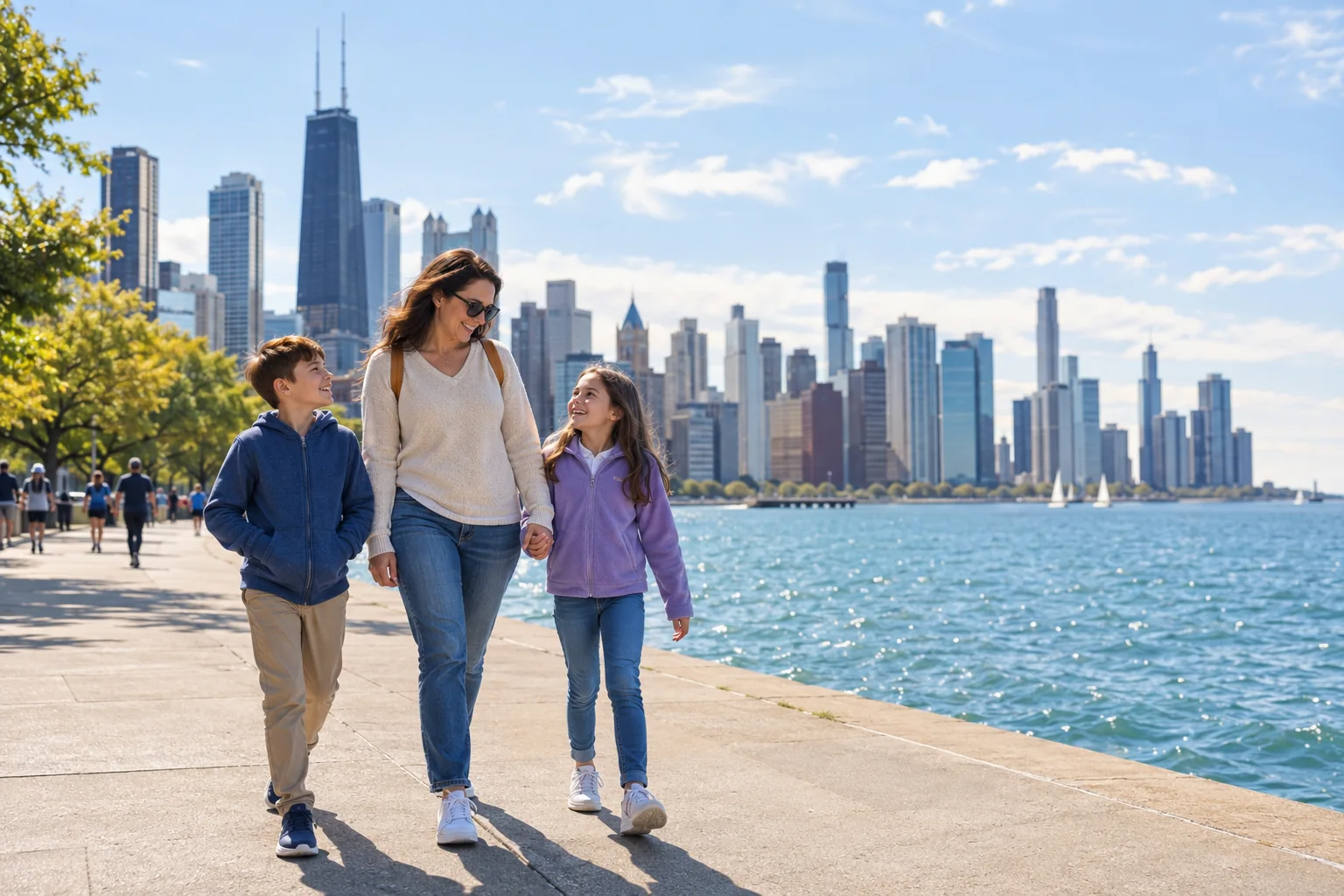 Family walking beside Lake Michigan in Chicago