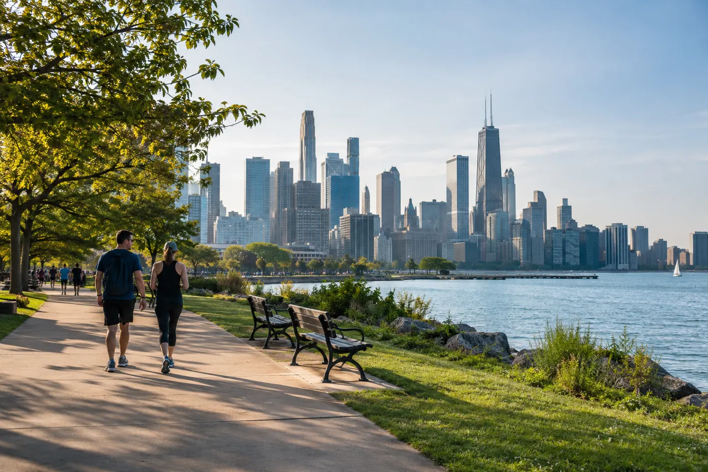 Walking paths and public green space beside the Chicago lakefront