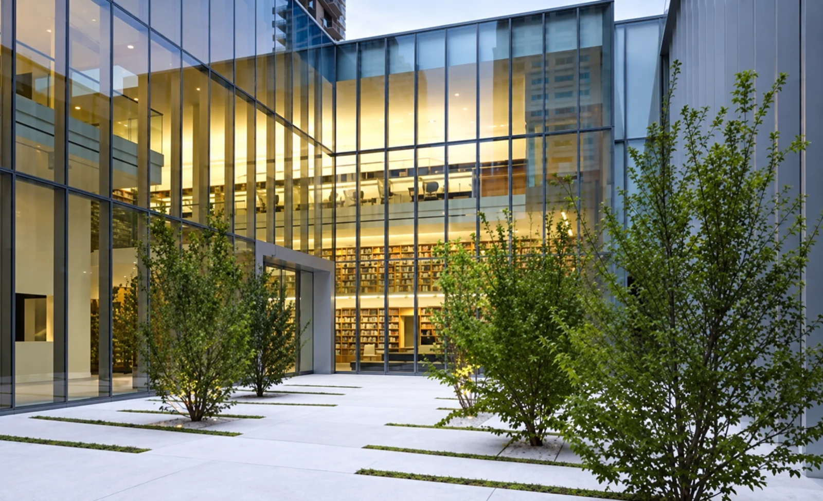 Trees and paths beside a glass-fronted courtyard building