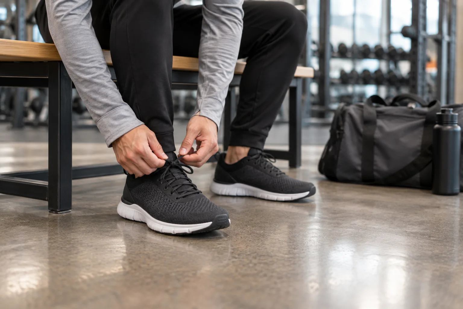 Clean closed-toe athletic shoes being tied before an activity