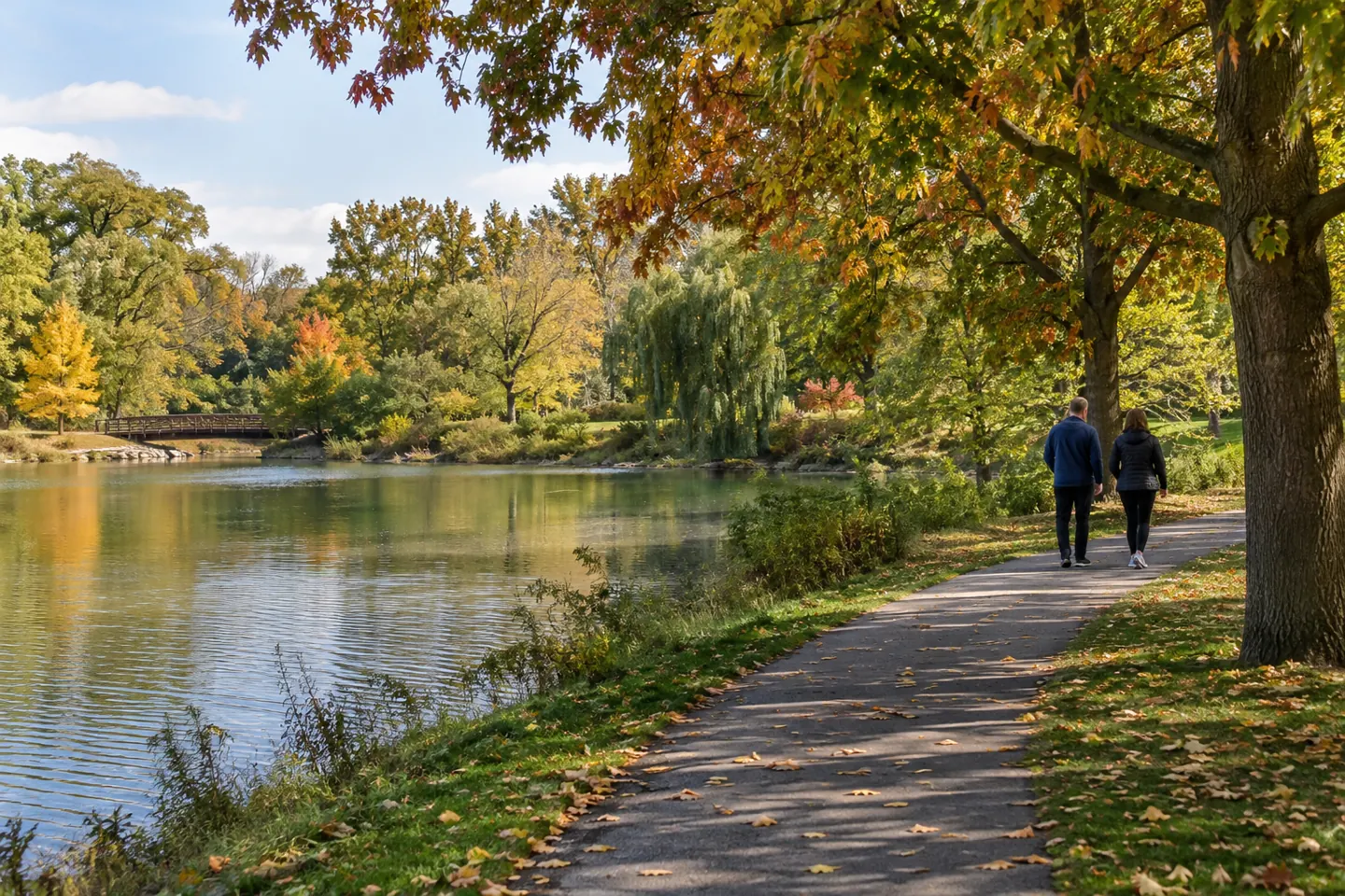 Suburban park with a pond and walking path